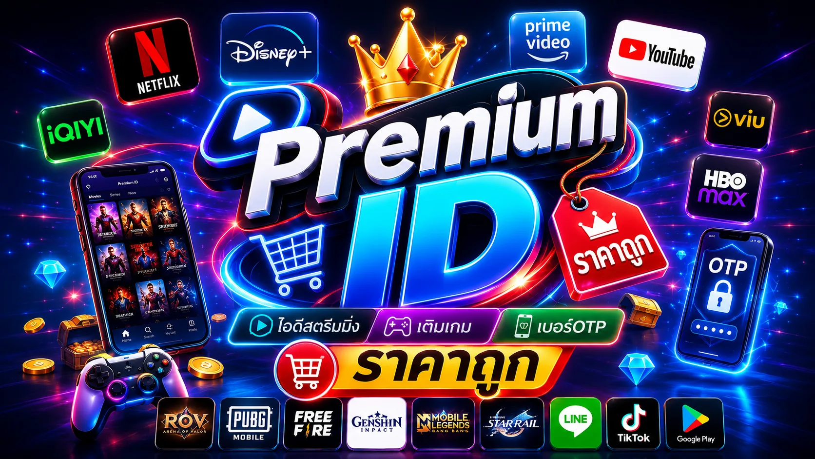 ภาพกราฟิกโปรโมทบริการ Premium ID ให้บริการเช่าบัญชีแอปสตรีมมิ่ง เช่น Netflix, Disney+, YouTube Premium, iQIYI, VIU, HBO Max รวมถึงบริการเติมเกมและรับ OTP ในราคาถูก