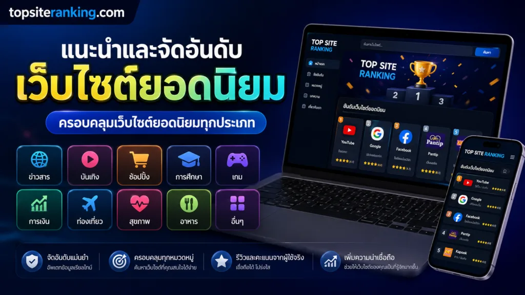 ภาพกราฟิกแสดงหน้าจอเว็บไซต์และแอปพลิเคชันของ topsiteranking.com ซึ่งเป็นบริการจัดอันดับเว็บไซต์ยอดนิยมในหมวดหมู่ต่างๆ เช่น ข่าวสาร บันเทิง ช้อปปิ้ง และการศึกษา โดยเน้นความแม่นยำและข้อมูลที่อัปเดตแบบเรียลไทม์